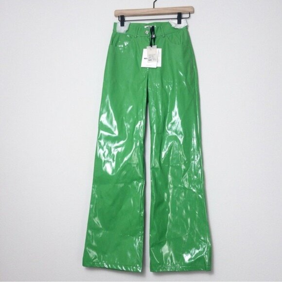 NWT Nocturne Pleather Vinyl Wide Leg Pants 36 Green S Palazzo High Waisted - Picture 3 of 11